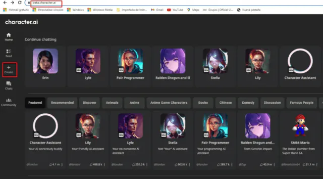 Legacy Character.AI homepage with character cards, categories, and navigation