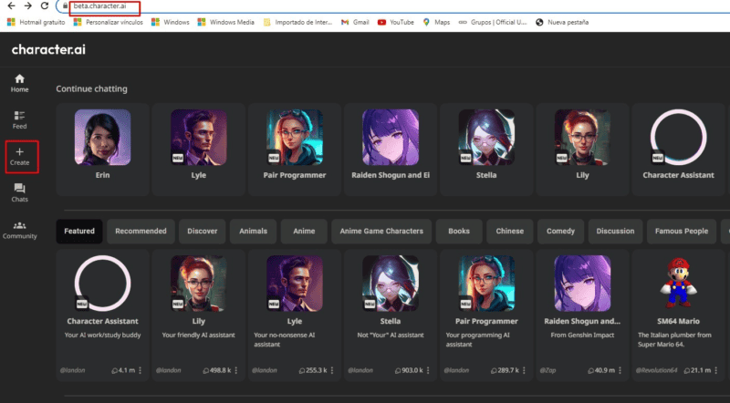 Legacy Character.AI homepage with character cards, categories, and navigation