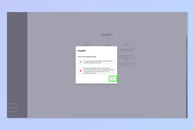 Early ChatGPT interface with the free research preview onboarding dialog