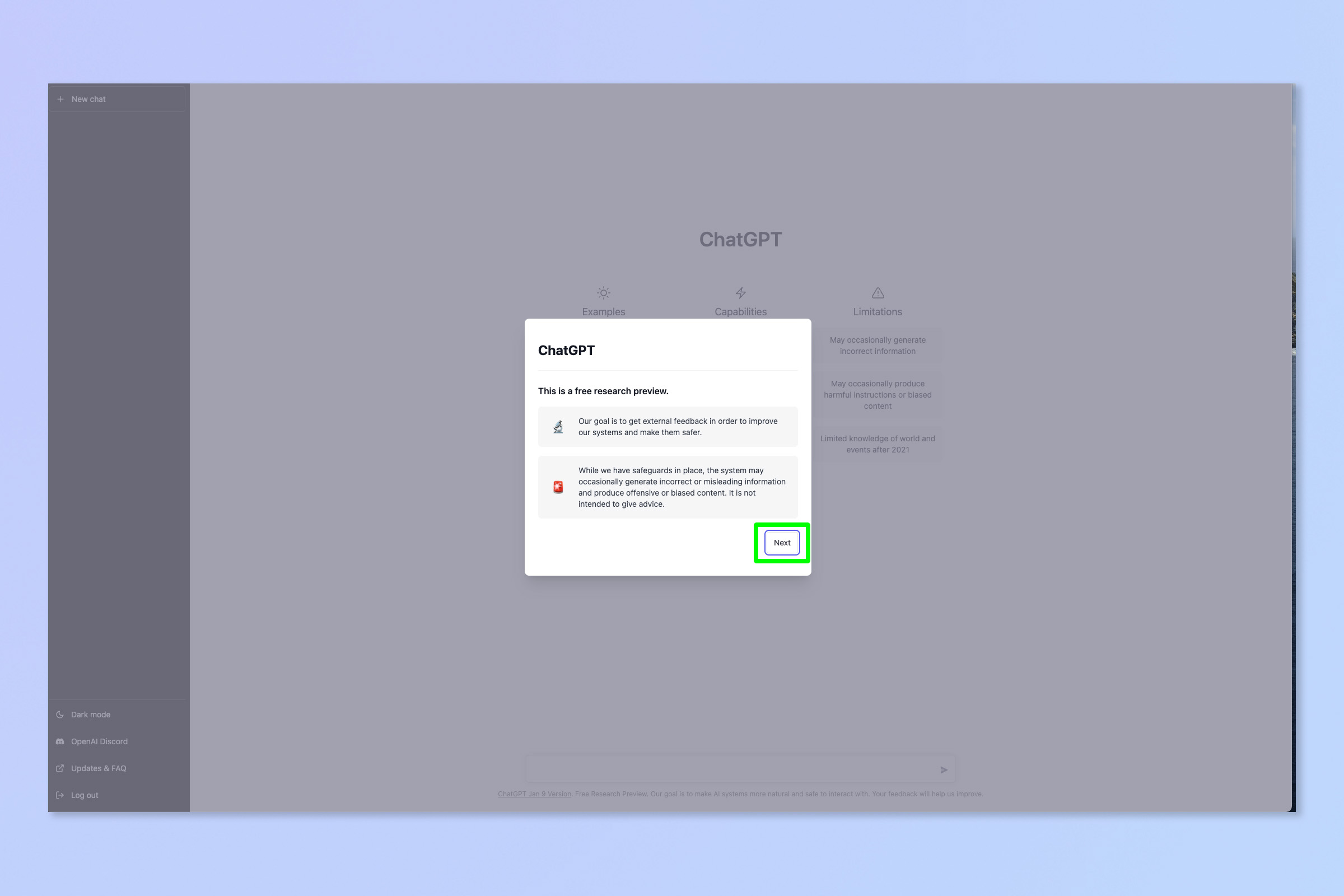 Early ChatGPT interface with the free research preview onboarding dialog