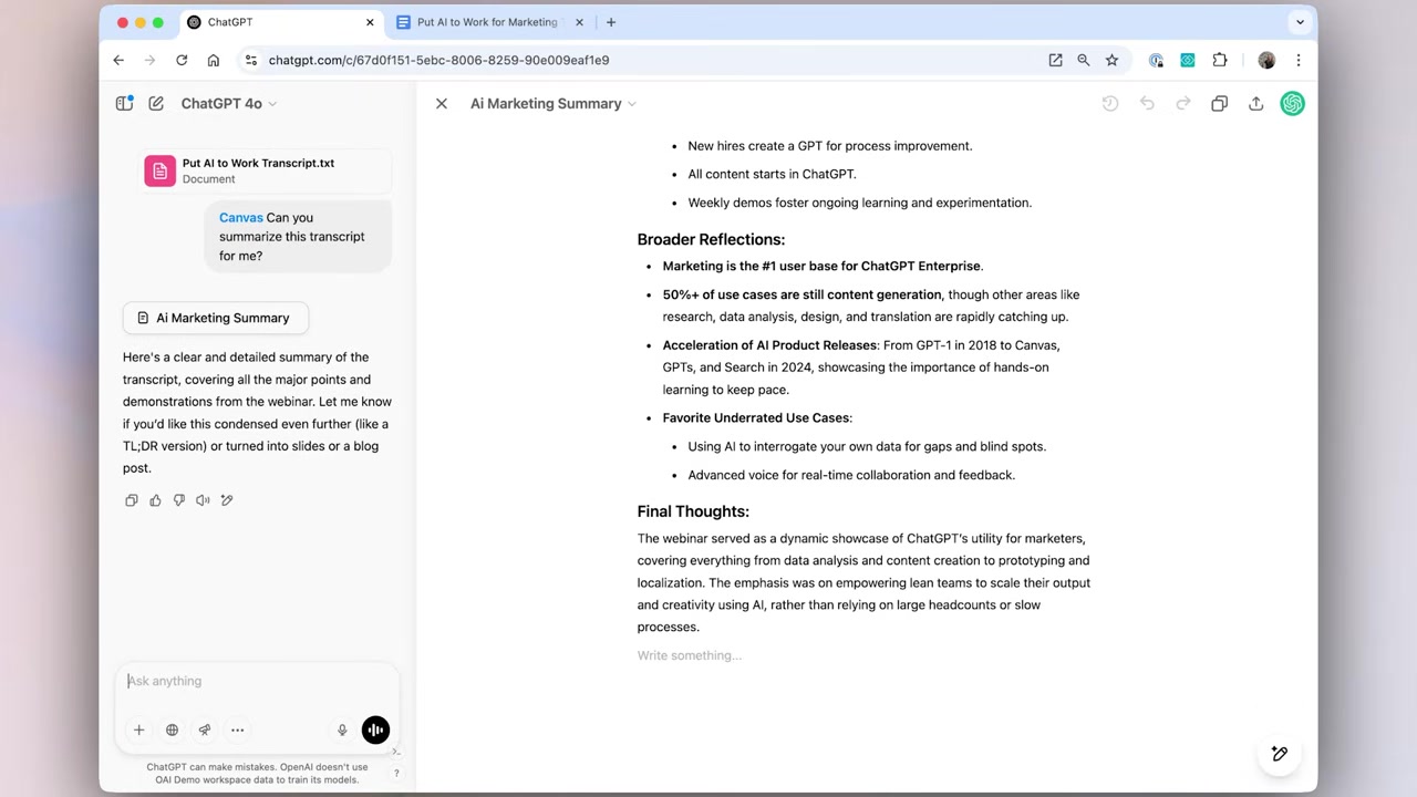 ChatGPT Canvas split view with conversation beside an editable document