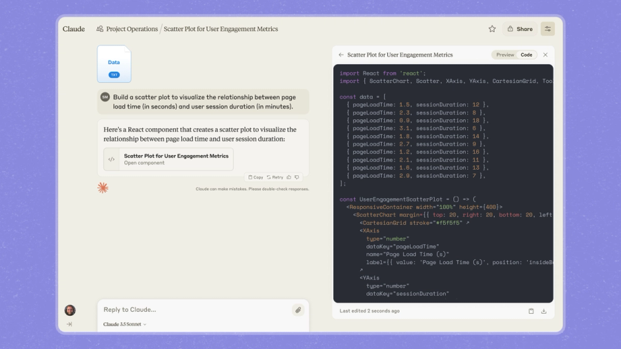 Claude Artifacts split-pane interface with chat and generated code
