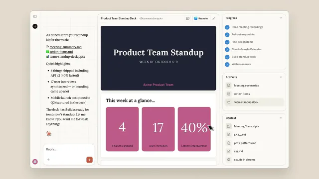 Claude Cowork workspace with chat, progress steps, artifacts, and context