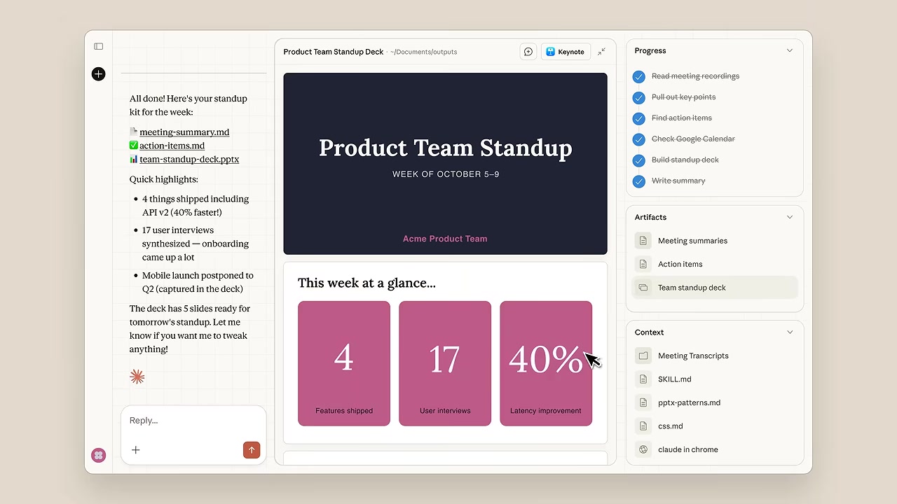 Claude Cowork workspace with chat, progress steps, artifacts, and context