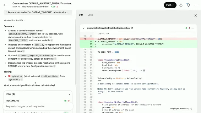 Codex cloud task review with a work summary and code diff