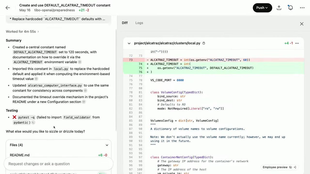 Codex cloud task review with a work summary and code diff