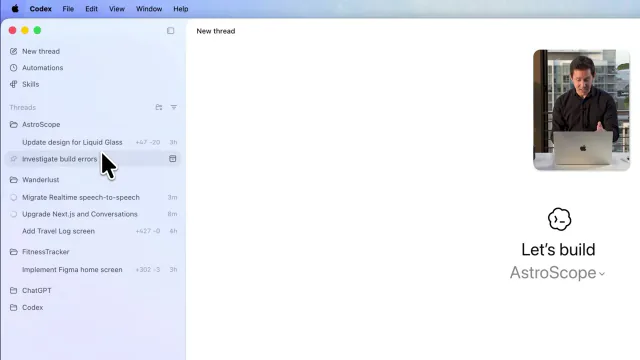 Codex desktop app with projects, parallel task threads, and an active agent workspace