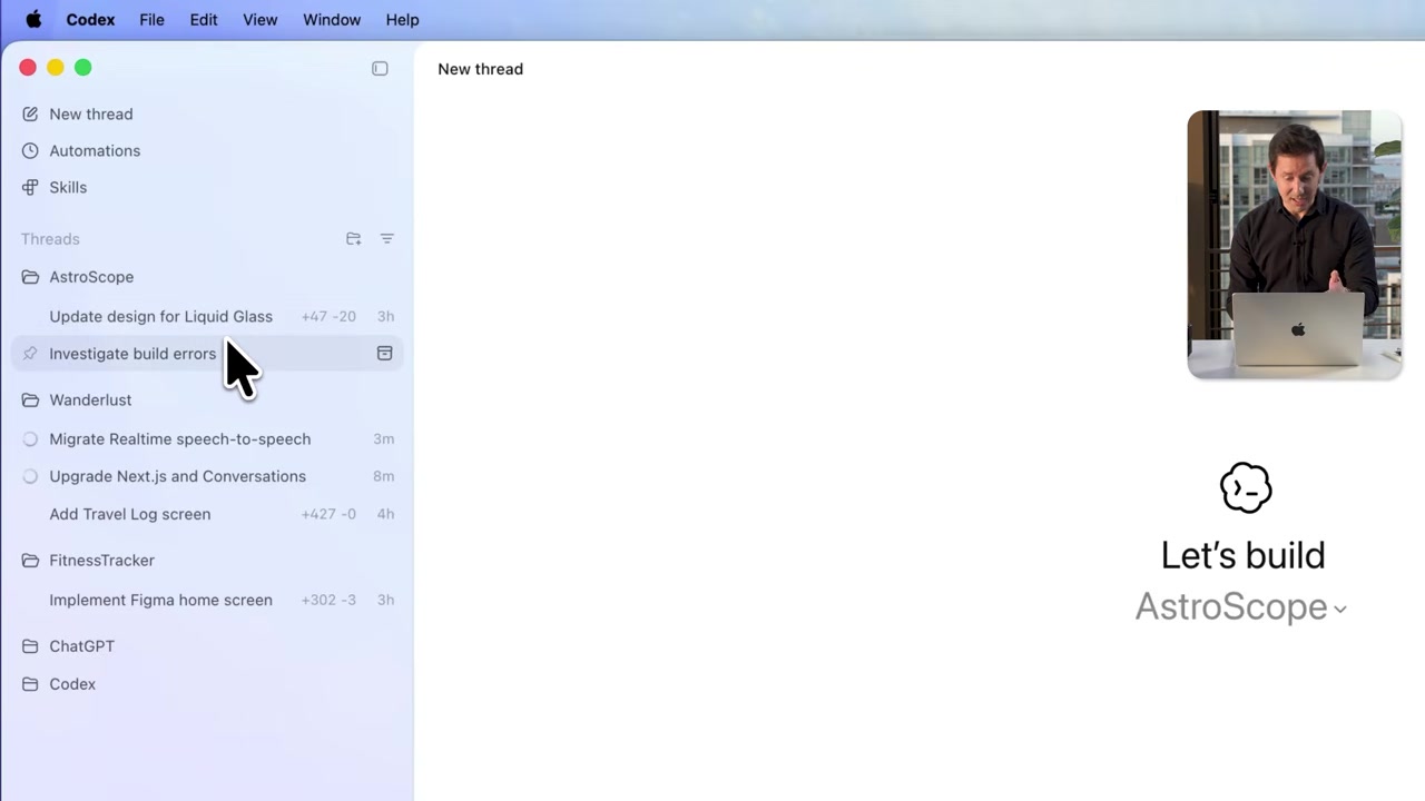 Codex desktop app with projects, parallel task threads, and an active agent workspace