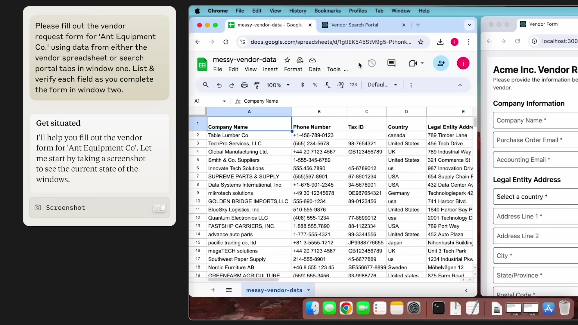 Claude computer use demo showing its task log beside a spreadsheet and vendor form