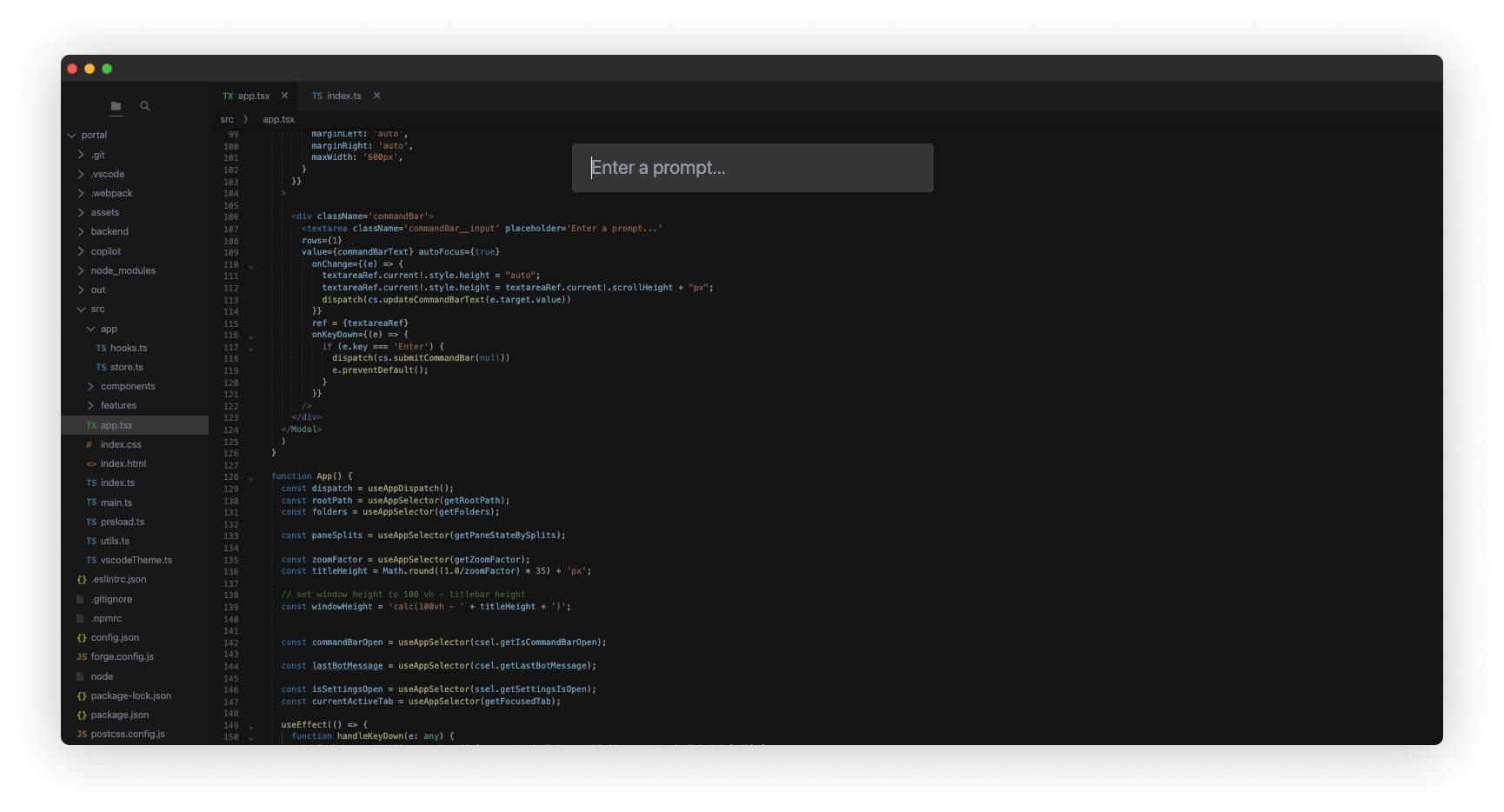 Cursor original dark editor with a Cmd+K prompt floating above selected code