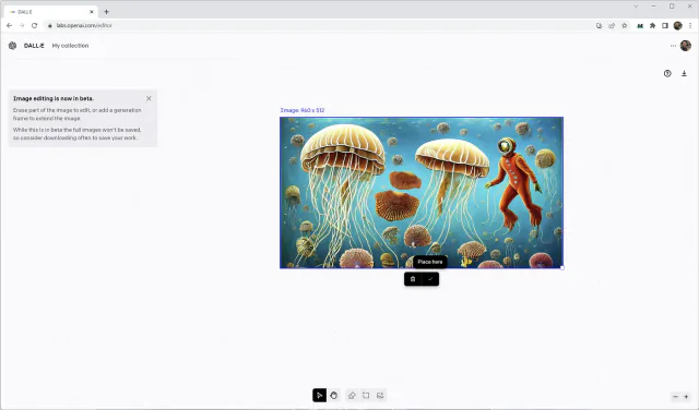 DALL·E 2 beta editor showing an outpainting frame over an underwater illustration