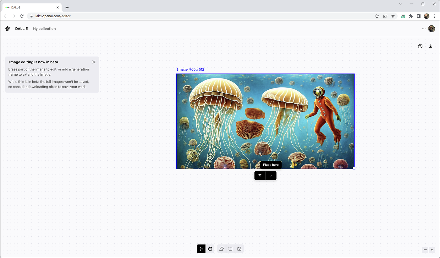 DALL·E 2 beta editor showing an outpainting frame over an underwater illustration