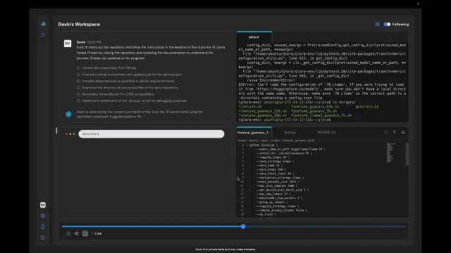 Original Devin technical preview showing chat beside its live shell, code editor, and browser workspace