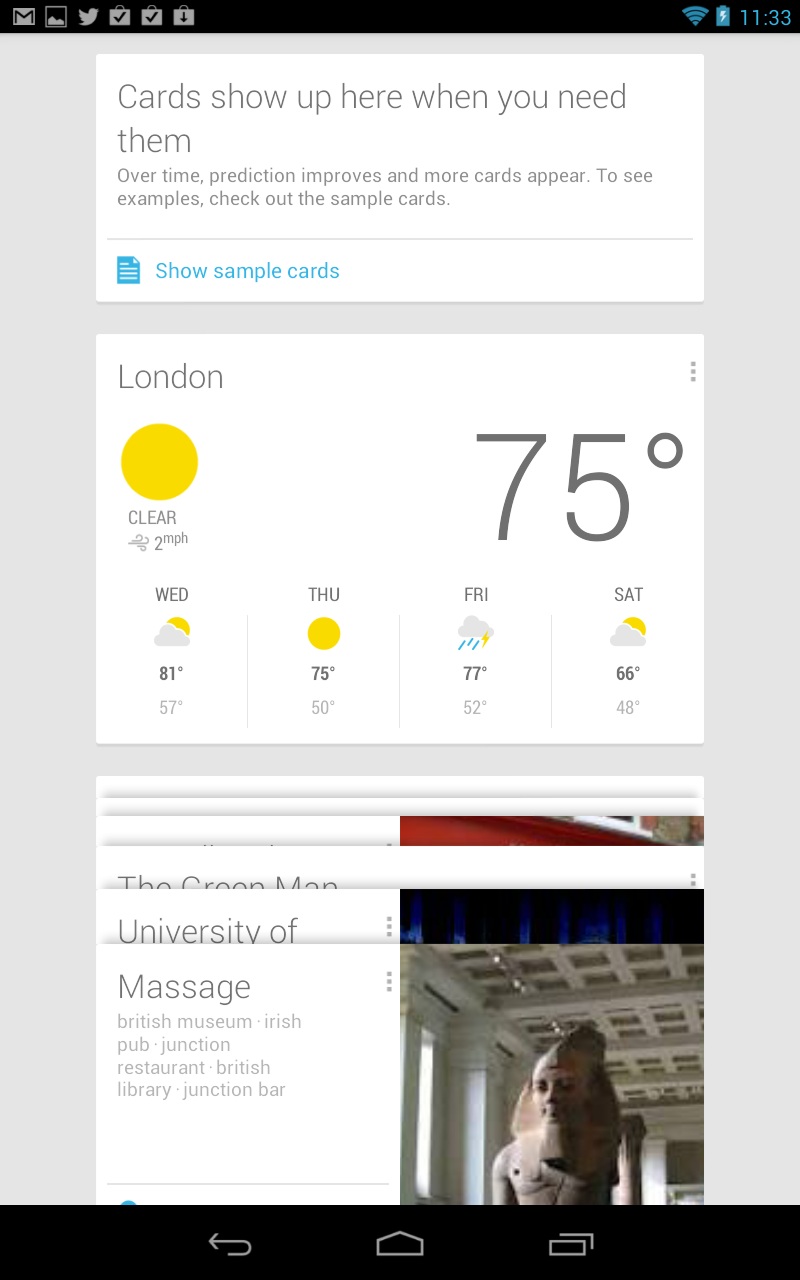 Google Now on Android 4.1 displaying predictive weather and nearby-place cards