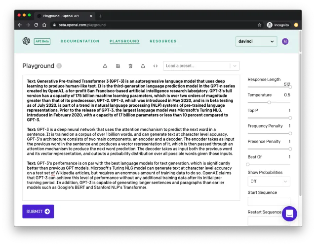 OpenAI API Beta Playground with a GPT-3 completion and model parameter controls