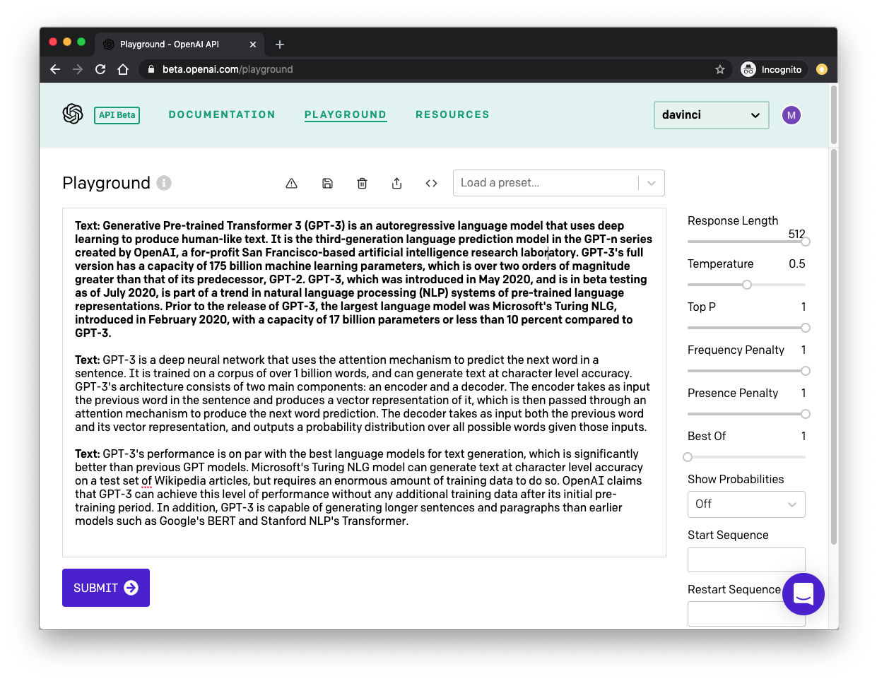OpenAI API Beta Playground with a GPT-3 completion and model parameter controls