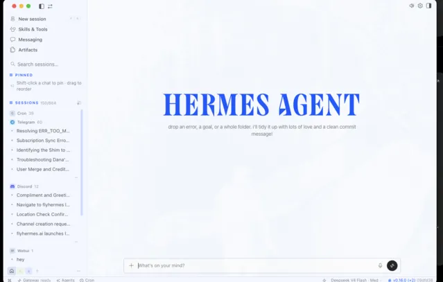 Hermes Desktop app with session list, messaging channels, and chat composer