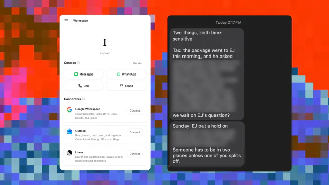 Instinct workspace showing contact channels and connected services beside an Apple Messages conversation with the assistant