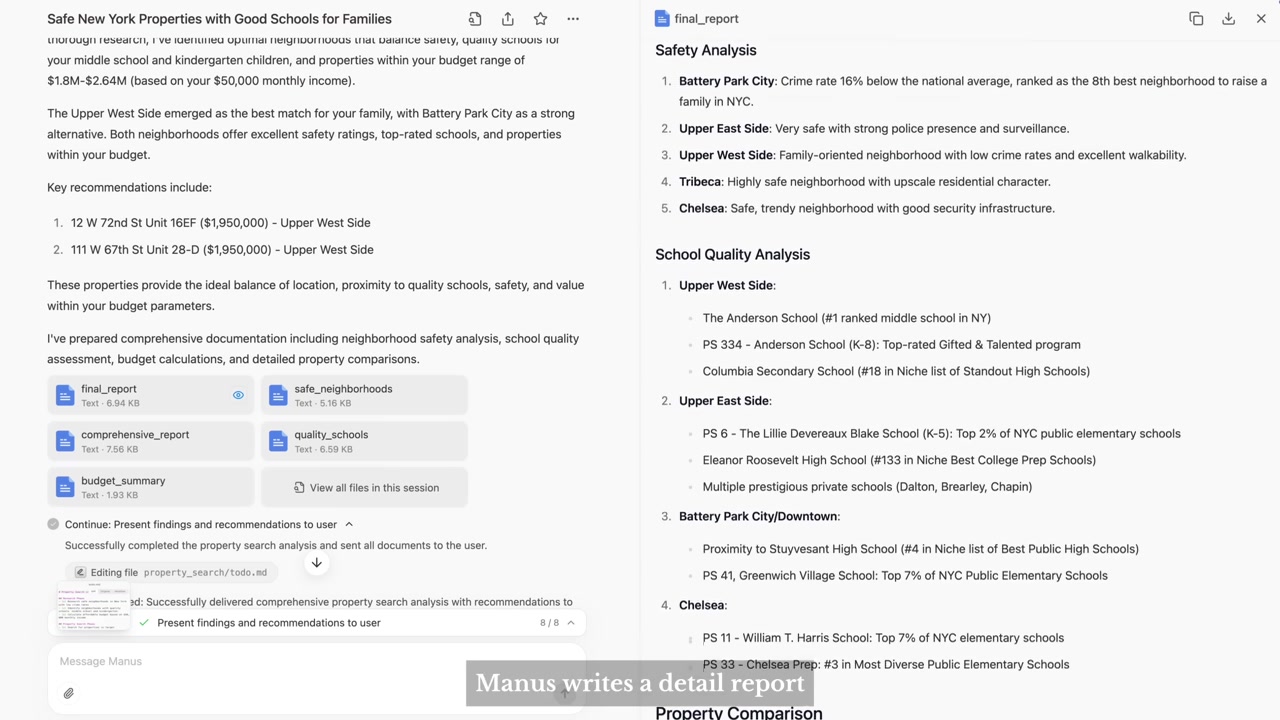 Manus agent session showing a completed property report and generated files