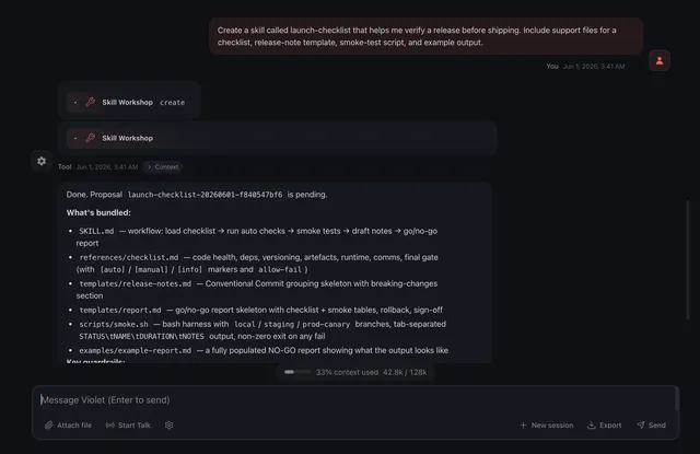 OpenClaw web chat interface running a Skill Workshop session with tool calls and a message composer