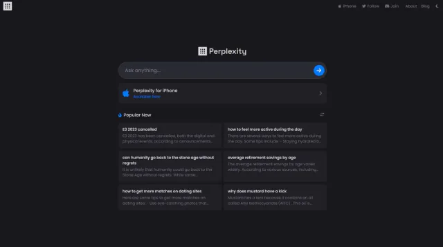 Early Perplexity homepage with Ask Anything search and Popular Now cards