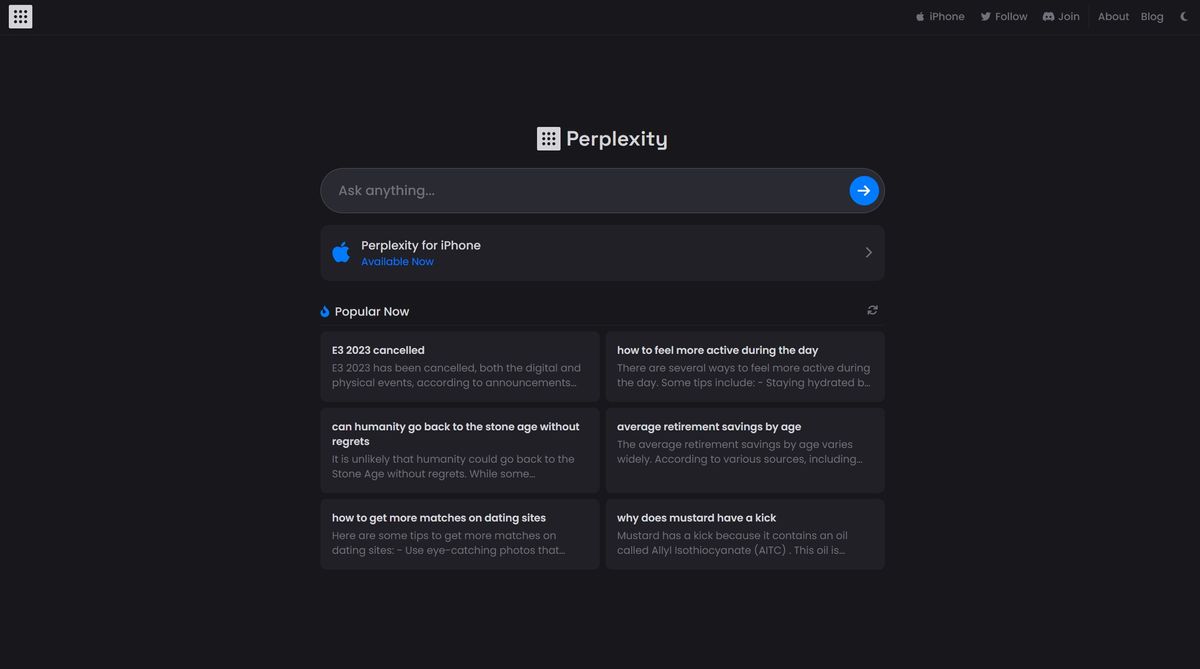 Early Perplexity homepage with Ask Anything search and Popular Now cards