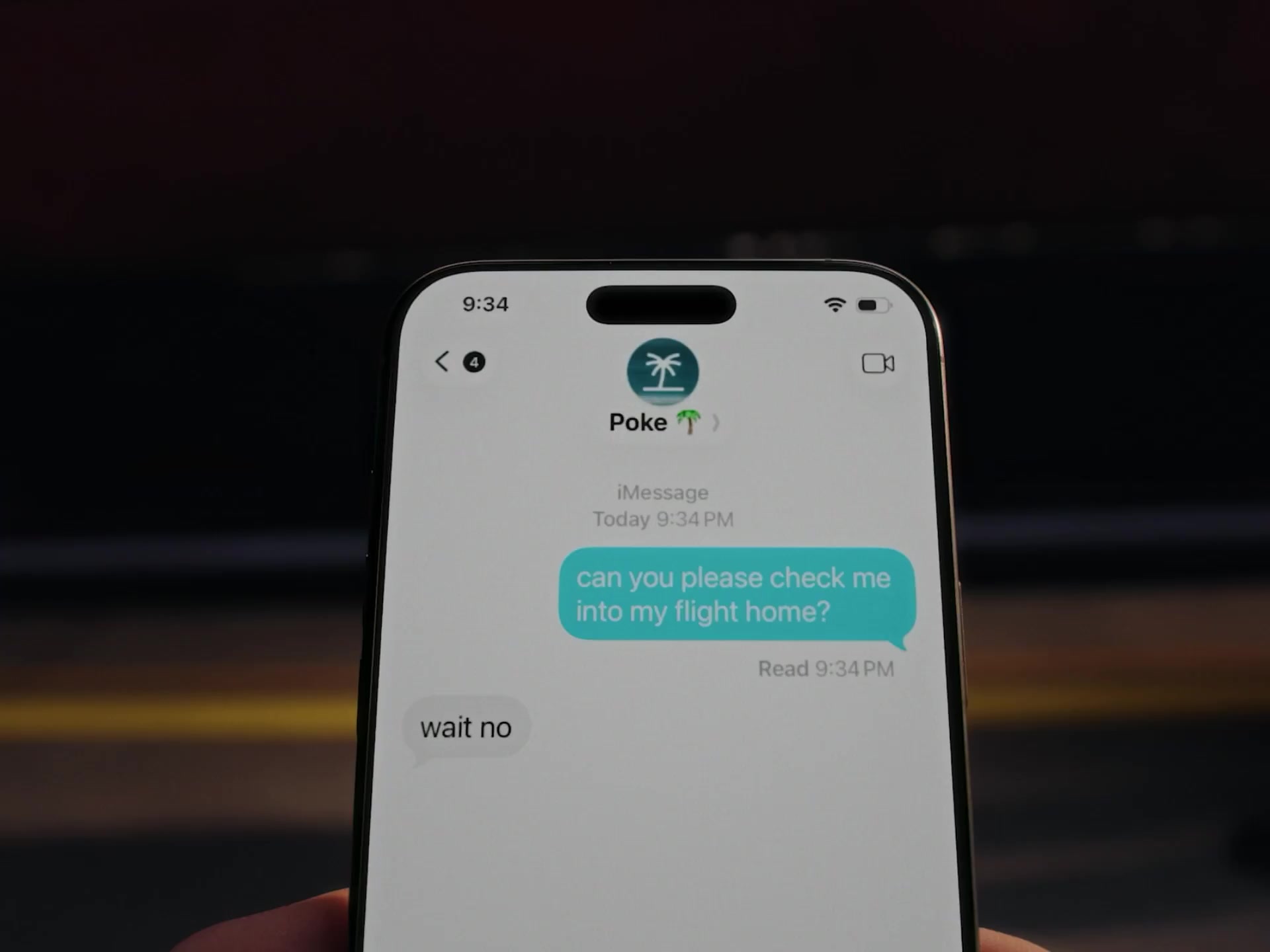 Poke conversation in Apple Messages asking the agent to check a traveler into a flight