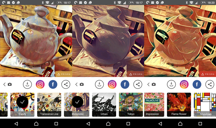 Original Prisma interface showing a transformed photo and neural-style filter carousel