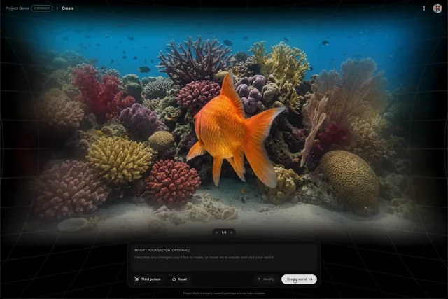 Project Genie world-sketching interface showing a goldfish in a coral reef above prompt and creation controls