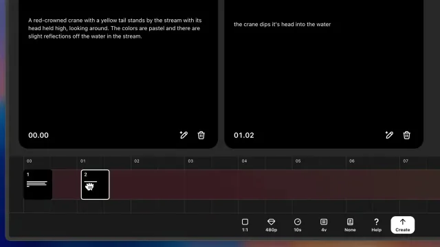 Sora Storyboard interface with two prompt cards arranged above a video timeline
