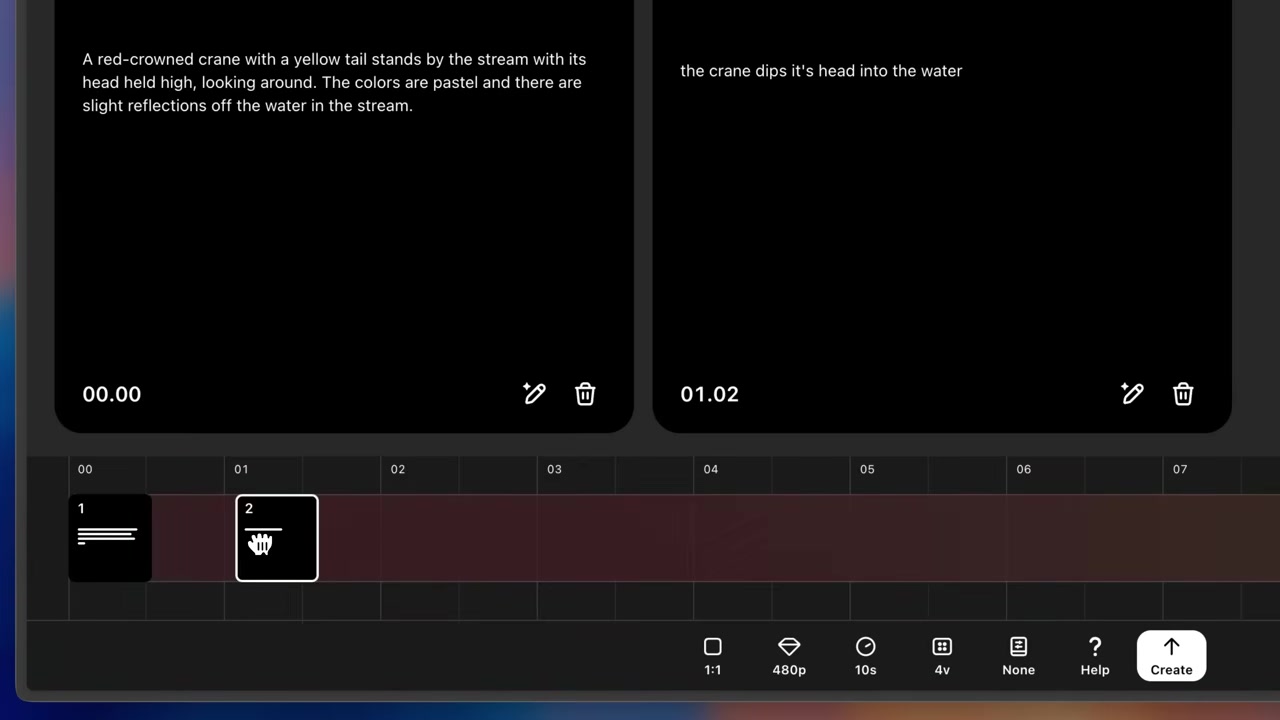 Sora Storyboard interface with two prompt cards arranged above a video timeline