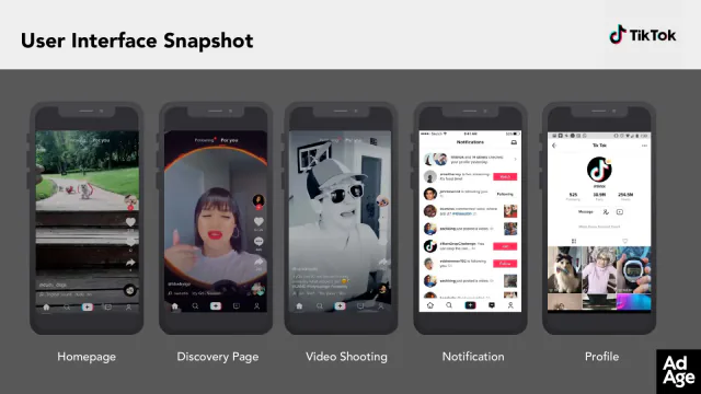 TikTok interface snapshot showing the For You feed and primary navigation screens