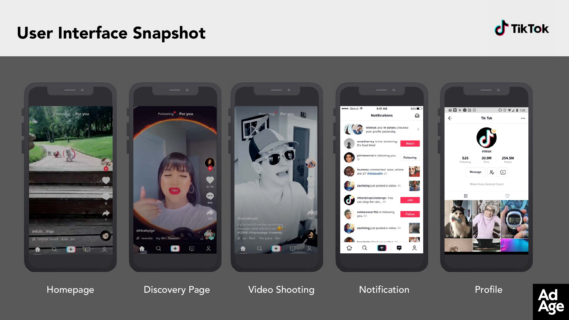TikTok interface snapshot showing the For You feed and primary navigation screens