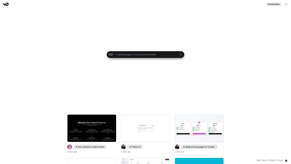 Early v0 private-alpha homepage with a natural-language prompt and generated UI examples