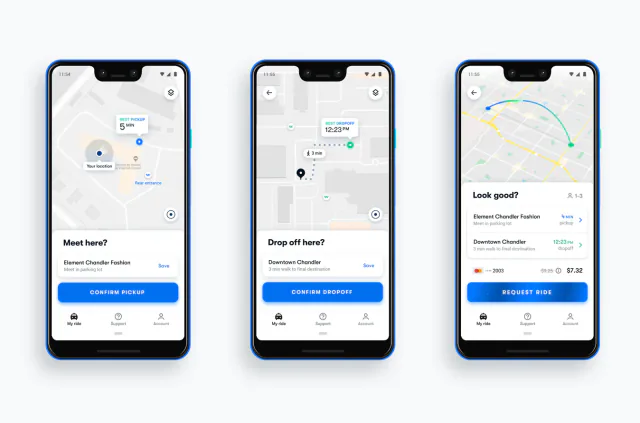 Waymo One app screens for choosing pickup, choosing drop-off, and requesting a ride