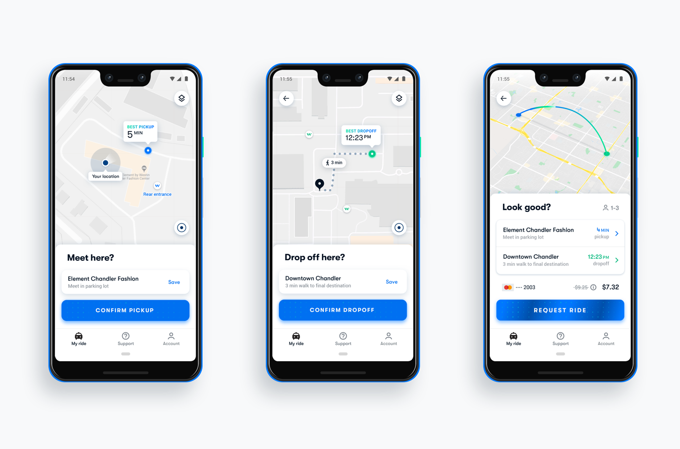 Waymo One app screens for choosing pickup, choosing drop-off, and requesting a ride