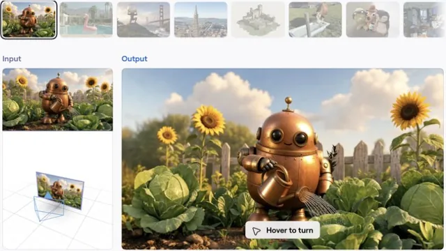 Atlas camera-control demo with a toy-robot reference image, a camera diagram, scene thumbnails, and a generated view labeled Hover to turn